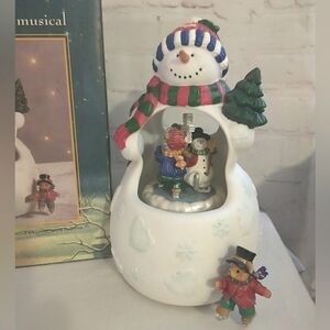 VTG Musical Snowman with Turning Teddy Bear Ice Skaters Windup Plays Let It Snow